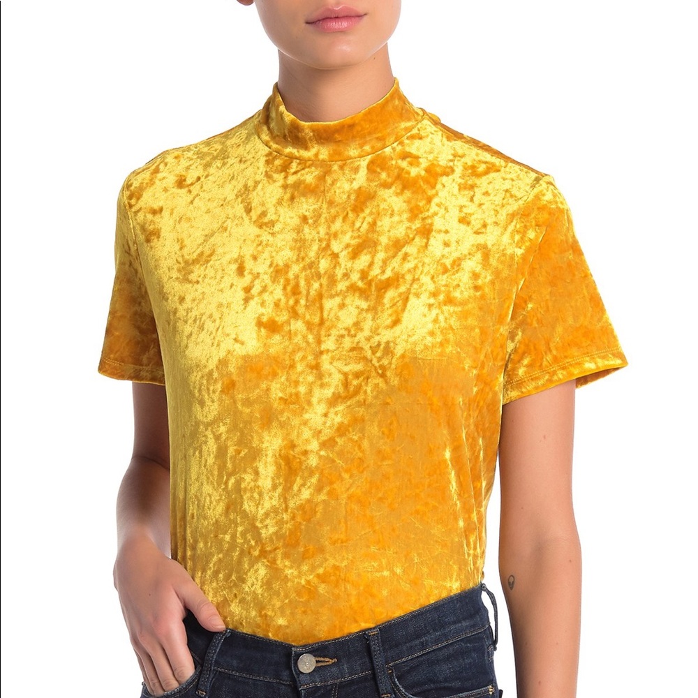 14th & Union Velvet Back Bow Mock Neck Top Yellow - Picture 5 of 8